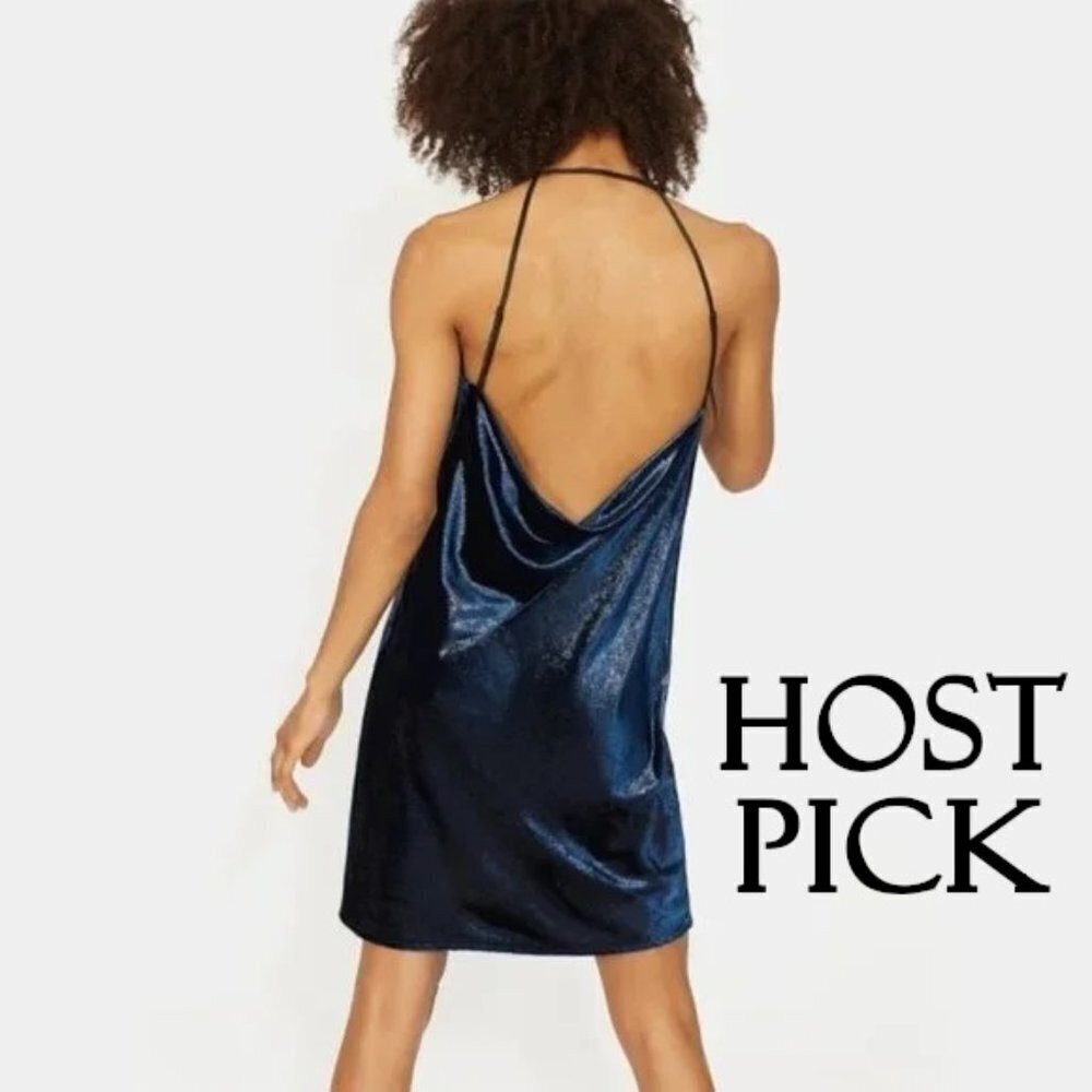 NWT Halston navy blue metallic velvet mini holiday dress